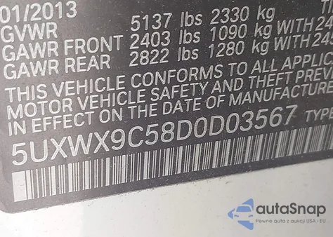 2013 BMW X3 xDrive28I из США, поврежденный, VIN 5UXWX9C58D0D03567